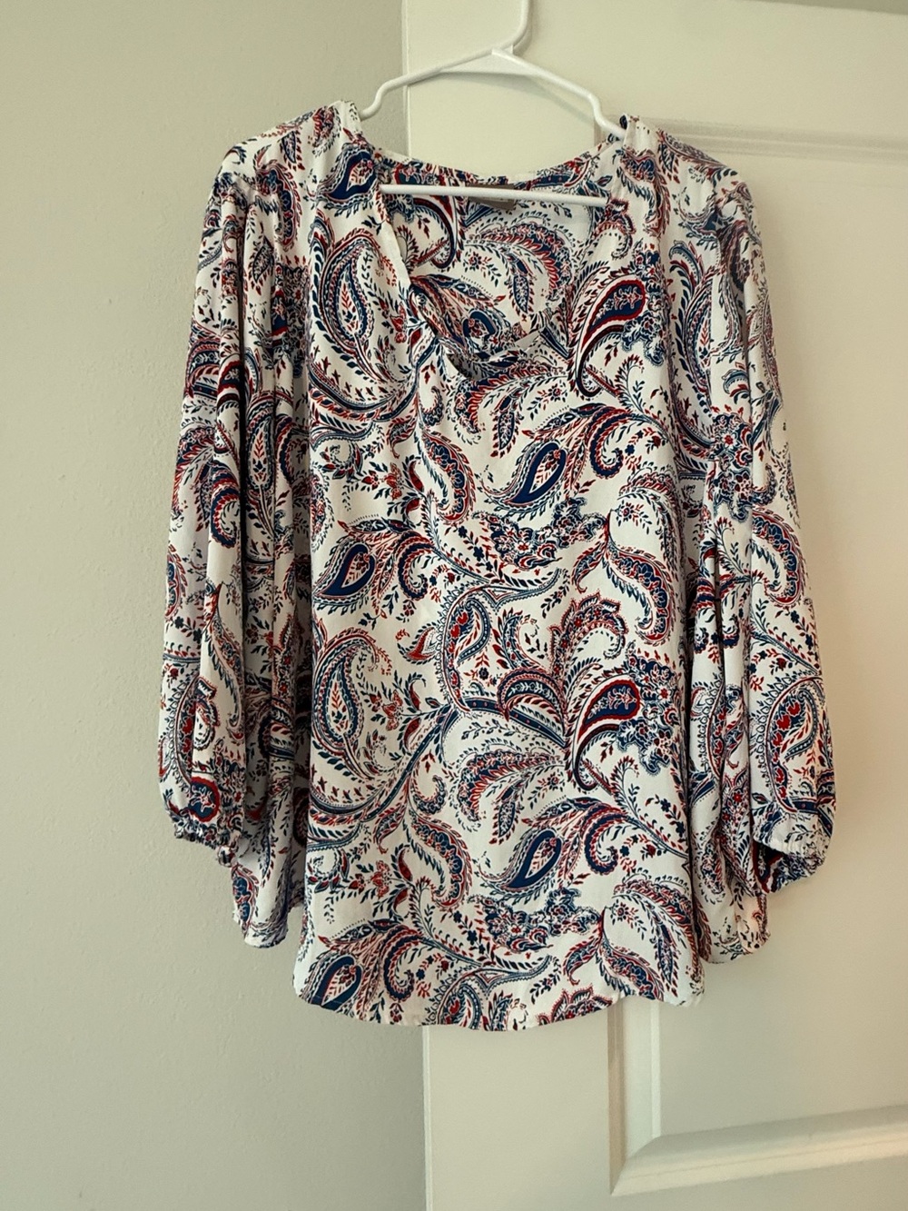 Chico's White Paisley Blouse with Navy & Red Accents - Picture 6 of 7
